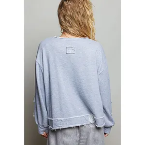 POL Exposed Outseam Crochet Patch V-Neck Sweatshirt with Open Wrap - Large thumbnail 4