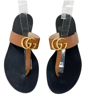 Gucci Marmont GG Brown Leather Thong Sandals Gold Logo Flats EU 37.5 thumbnail 1