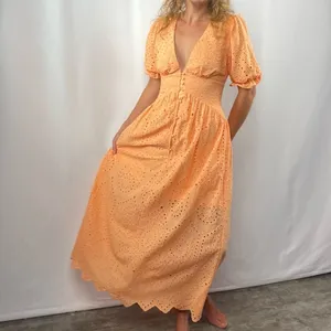 Sundress Deep V Eyelet Puff Sleeve Maxi Dress in Orange‎ Size Extra Small thumbnail 9