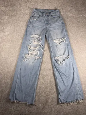 american‎ eagle curvy super high rise baggy wide leg 2 Reg Distressed thumbnail 1