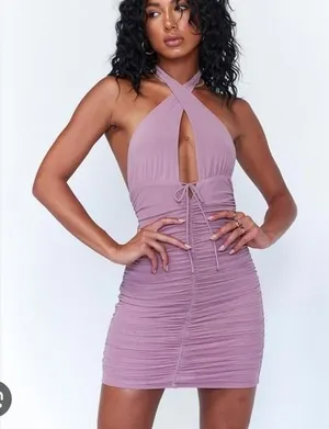 Princess‎ Polly Carly Mini Dress Women Size 10 Purple New Ruched Halter Bodycon thumbnail 1