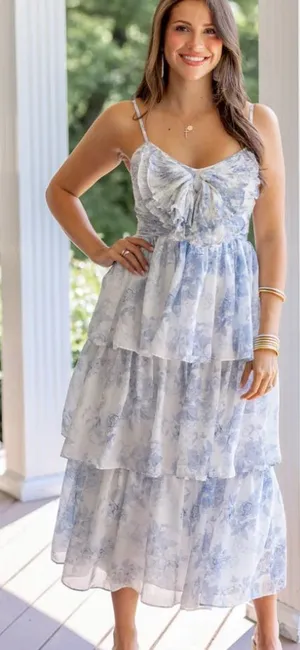 Elegant Blue Floral Tiered Midi Dress thumbnail 1
