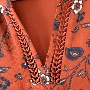 Loft sz M Ruffled Sheer Rust Red Floral Embroidered Crochet Blouse Top Bohemian thumbnail 5