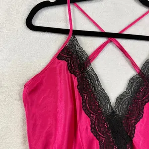 Victoria's Secret M Pink Black Lace Trim Satin Romper Sleep Teddy Lingerie Glam thumbnail 2