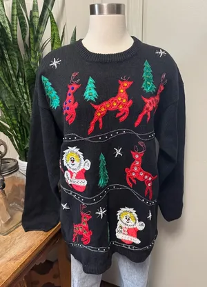 Vintage Santa Snowperson Beaded Christmas‎ Sweater 90s large thumbnail 1