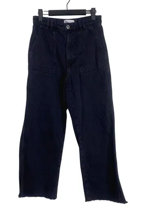 Zara Relaxed Fit Utility Style Wide Leg High Rise Raw Hem Jeans Pockets M Black thumbnail 1
