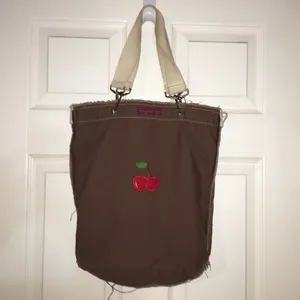 Bungalow 360 Distressed Canvas Tote Bag Brown with Red Cherry Embroidery thumbnail 12