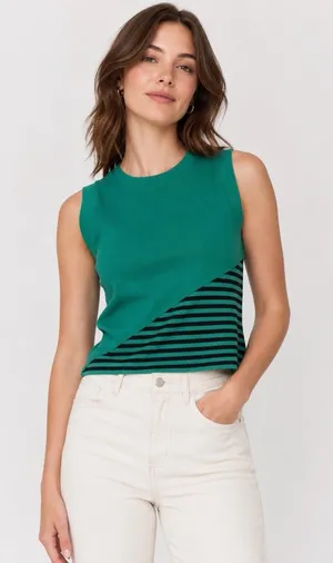 Maeve Green/Black Striped Ribbed Knit Crew Neck Sleeveless Muscle Tank Top Sz M thumbnail 1