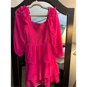 NEW Hot Pink Smocked Ruffle Mini Square Neck Dress M thumbnail 3