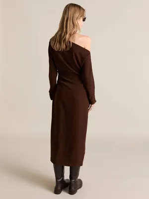 Mango Asymmetrical Elegant One-Shoulder Brown Midi Dress Gathered Sides Sz M thumbnail 2