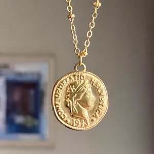 Handmade fully gold tone stainless steel antique vintage chic style coin necklace thumbnail 2