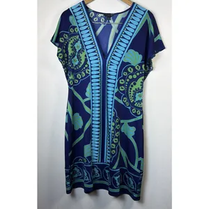 Banana Republic V Neck Dress large Navy Green A-Line Women's boho resort travel thumbnail 2