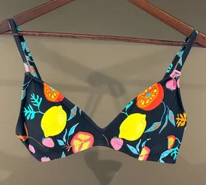 J CREW Bold Colorful Fruit Print & Black Bikini Top Size Large Preppy thumbnail 1
