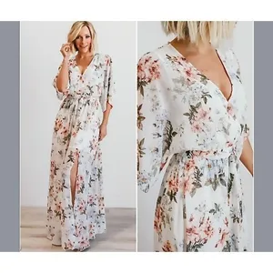 Baltic Born Kia Floral Kimono Maxi Dress LARGE White Pink‎ Bohemian Feminine thumbnail 2