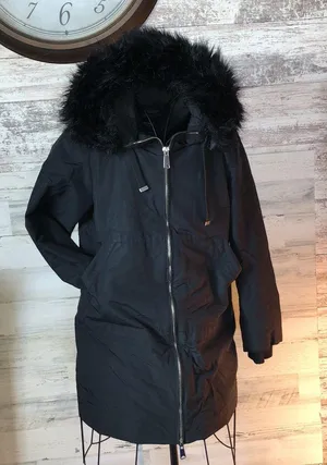 ZARA BASIC Outerwear long black jacket coat with fuzzy hood size small thumbnail 1