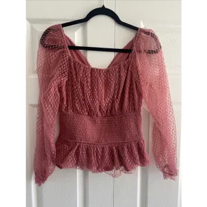 Audrey Parks Francesca's Peplum Blouse Womens Size S‎ Pink Lace Smocked Etheral thumbnail 6