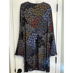 MSK Blue Paisley Flared Bell Sleeve Shift Dress Boho Floral Womens M/L READ thumbnail 3