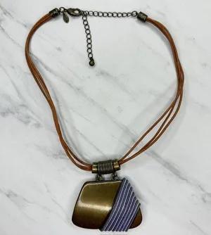 Chico's Boho Mixed Material Pendant Gold Tone Brown Cord Necklace ✨ thumbnail 2