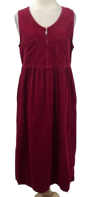 Vintage 90s Corduroy Zipper Front Cotton Maxi Dress Maroon Red Womens Large thumbnail 1