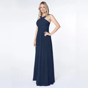 NWT Azazie Kaleigh Dark Navy Blue A-Line Pleated Chiffon Bridesmaid Maxi Dress 6 thumbnail 4