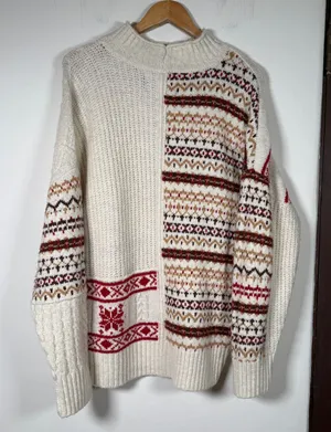 AMERICAN EAGLE Cream and Burgundy Cozy Cabincore Chunky Sweater Extra Large thumbnail 1