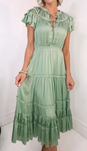 Reset by Jane Kianna Long Short Sleeve Ruffle Dress sage green S thumbnail 1