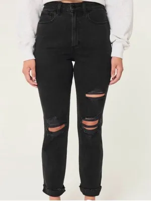 HOLLISTER Curvy Ultra High Rise Black Distressed Mom Jeans thumbnail 1