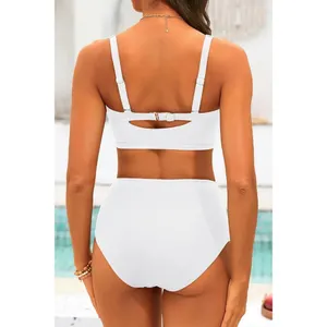 Tempt Me Two Piece LARGE White Swimsuit High Waisted Bikini Ruched Swimwear thumbnail 2