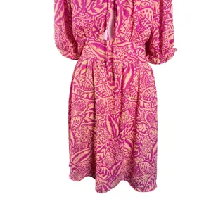 Sienna Sky Tropical‎ Puff Sleeve Dress Womens Medium Pink Excellent Smocked Back thumbnail 6