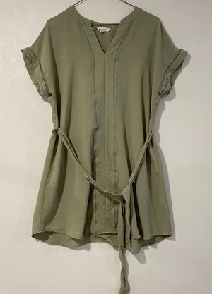 Blu Pepper Olive Green Tie Waist Blouse Size L Boho Short Sleeve Top thumbnail 1
