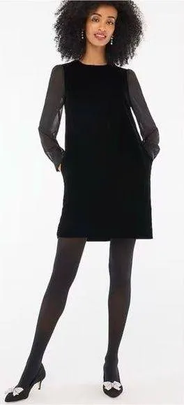 NWT JCrew Black Velvet mini dress sheer sleeves 6 tear above pocket needs repair thumbnail 1
