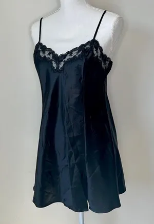 Victoria’s Secret Vintage from 1999 (the 90’s) black satin finish silk slip dress mini dress with floral lace trim along top hem thumbnail 3