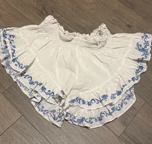 Caroline Constas White Ruffle Shorts with Blue Embroidered Trim medium thumbnail 1