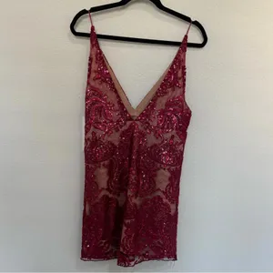 Free People Night Shimmer Mini Slip Dress Lace Sequins Sparkle Raspberry Size 4 thumbnail 7