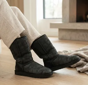 Uggs classic black tall boots winter slip on boots leather sheepskin fur lined 7 thumbnail 1
