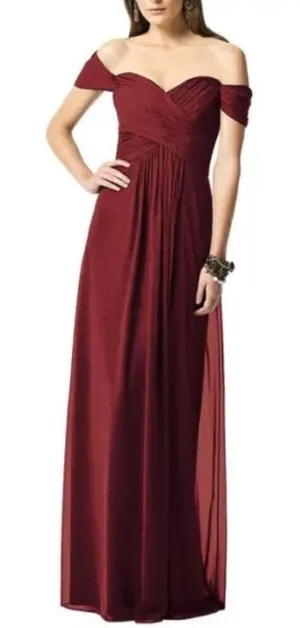 Dessy Collection 2844 Burgundy Off The Shoulder Chiffon Bridesmaid Dress Size 0 thumbnail 1
