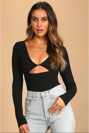 Lulus long sleeve black bodysuit with cutout thumbnail 1