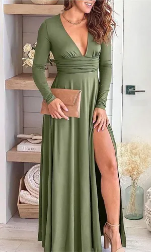 NEW Deep V Neck High Waist Slit Evening Maxi Dress XL thumbnail 2