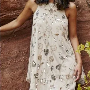 NWT Altar’d State Embellished Jewel Beaded Swing Dress Sz Small Mini Mesh Tulle thumbnail 1