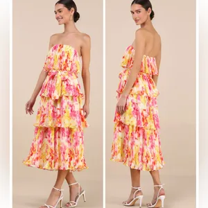 Lulus Nessa Yellow and Pink Abstract Plisse Tiered Midi Dress size XL NWT Beach thumbnail 2
