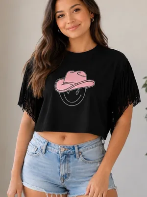 Main Strip WOMEN'S SHORT FRINGE SLEEVE CROP TOP IN BLACK GRAPHIC SHIRT SZ-Large thumbnail 1