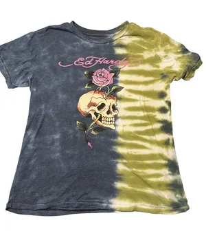 Vintage Y2K Ed Hardy Split Tie Dye T Shirt Skull Rose Graphic Single Stitch Sz M thumbnail 1