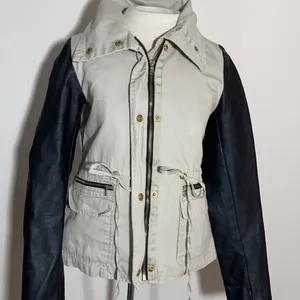 Women’s JJ utility jacket coat canvas contrast sleeves faux Leather small tan thumbnail 6