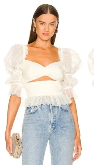 NEW LPA Dolores Top S Ivory Sheer Dot Puff Sleeve Cutout Pleated Peplum Tulle thumbnail 1