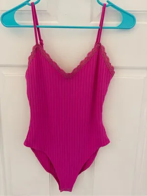 Forever 21 Fuchsia Ribbed Lace-Trim One-Piece thumbnail 2