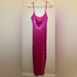 NWOT‎ SKIMS Woven Jacquard Lace Long Slip Dress in Hot Pink SizeS thumbnail 3