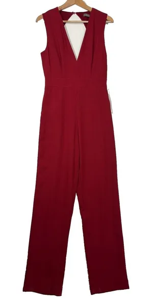 E.SSUE‎ Jumpsuit Red Deep V-Neck Open Back Wide Leg Party Evening Formal Event M thumbnail 1