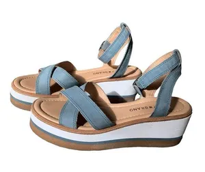 Lucky brand colorblock platform stacked chunky sandals denim blue leather white thumbnail 1