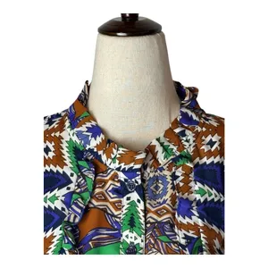 Joy Joy Dress Women Medium Blue Green Abstract‎ Long Sleeve Ruffle Neck Mini thumbnail 3