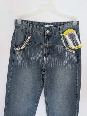 Rhinestone Embellished Wide Leg Jeans Dark Wash Bling Denim Size M thumbnail 6